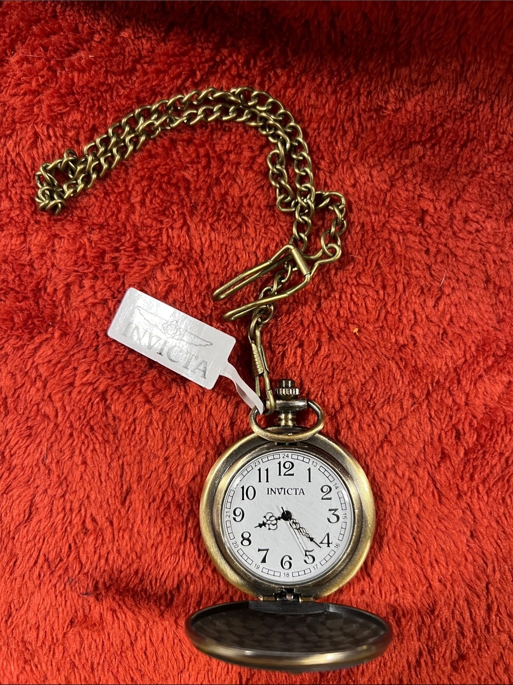 Invicta Gold-Tone Pocket Watch with White Dial and Chain